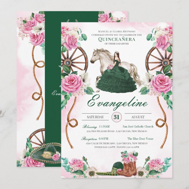 Emerald Green Pink Rose Rustic Charro Quinceañera Invitation (Front/Back)