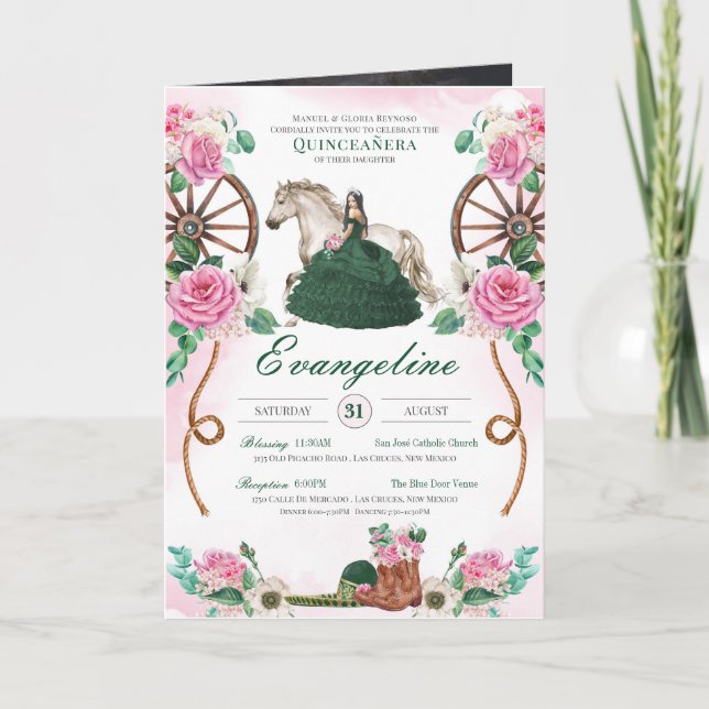 Emerald Green Pink Roses Charro Quinceanera Photo Invitation (Front)