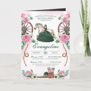 Emerald Green Pink Roses Charro Quinceanera Photo Invitation