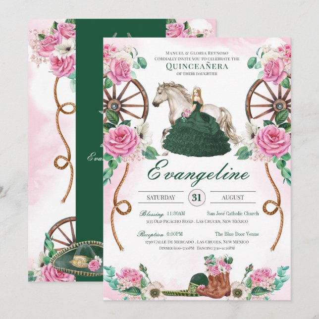 Emerald Green Pink Roses Enchanted Charro Quince Invitation (Front/Back)