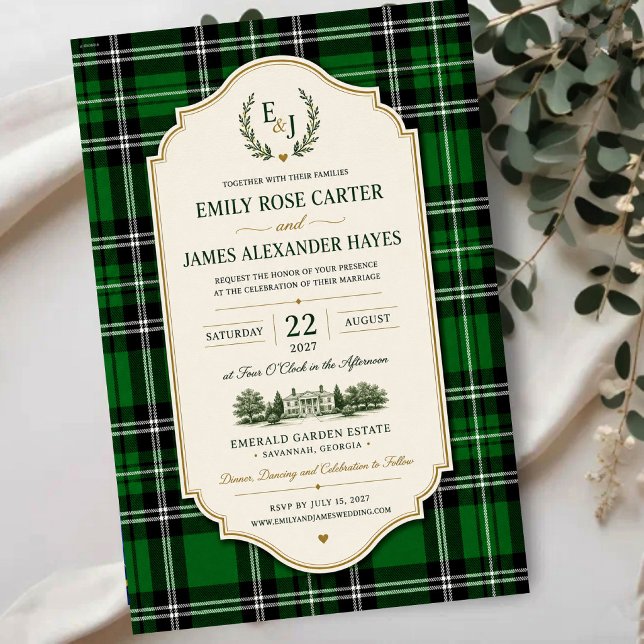 Emerald Green Plaid Elegant Scottish Acrylic Invitations (Creator Uploaded)