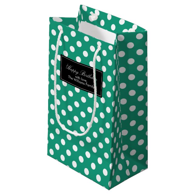 Emerald Green Polka Dots Personalised Small Gift Bag (Front Angled)