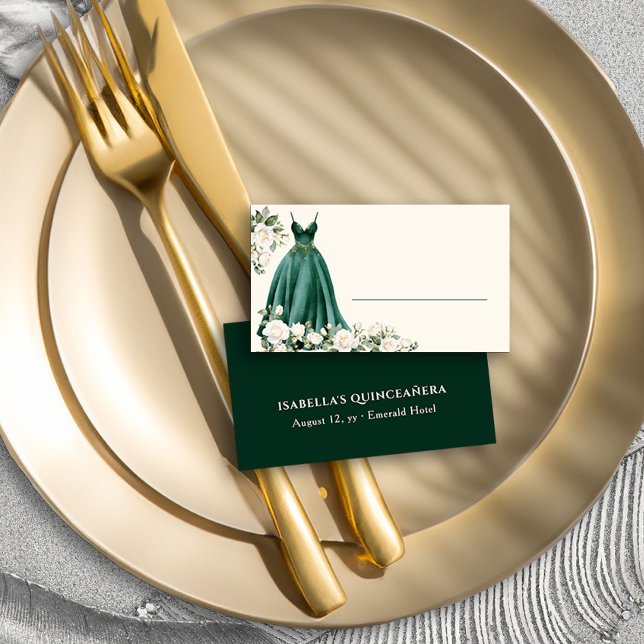 Emerald Green Princess Dress Personalised Place Card (Personalized Place Cards from the Princess Dress and Roses Collection by Darling & May)