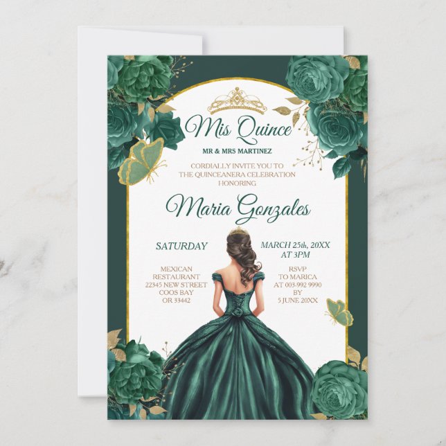 Emerald Green Princess Floral Quinceañera Invitation (Front)