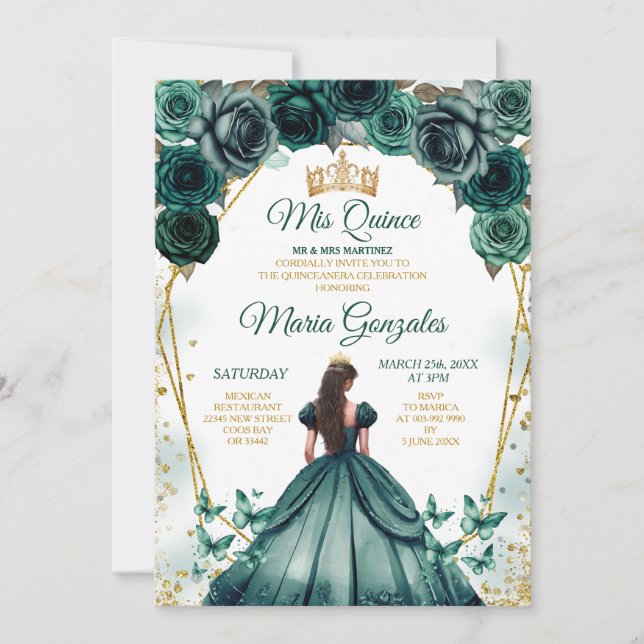 Emerald Green Princess Quinceañera Crown Floral Invitation (Front)