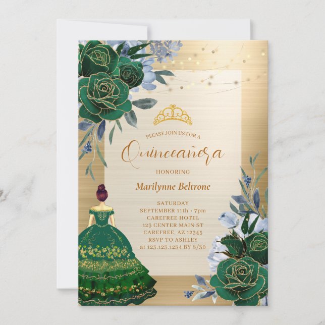 Emerald Green Princess Quinceañera Invitation (Front)