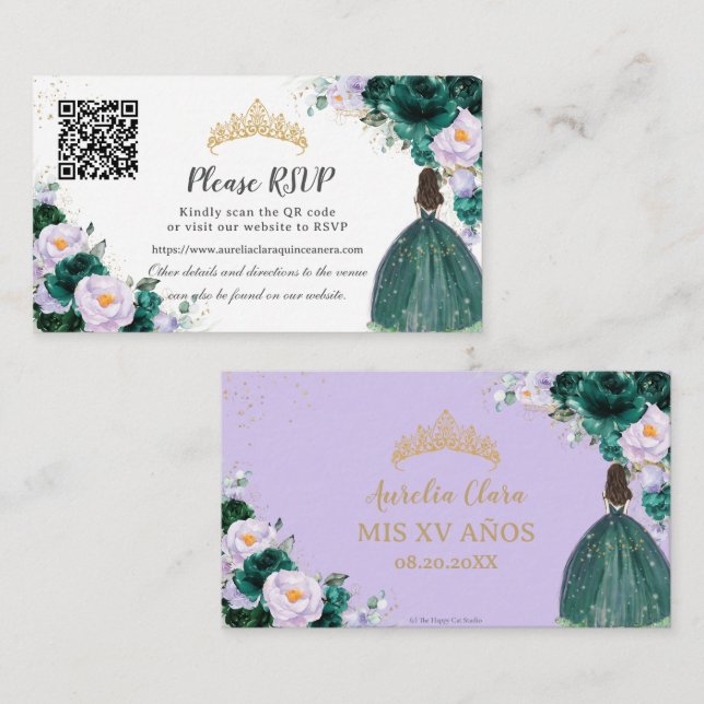 Emerald Green Purple Floral Quinceañera QR Code Enclosure Card (Front/Back)