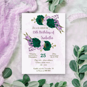 emerald green purple flowers birthday invitation
