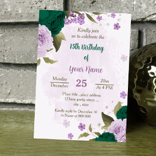 emerald green purple flowers birthday invitation