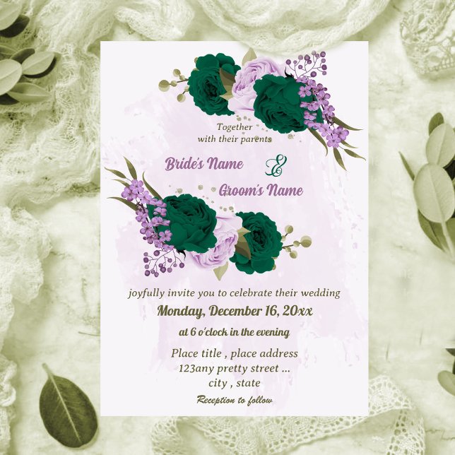 emerald green purple flowers botanical wedding invitation (Creator Uploaded)