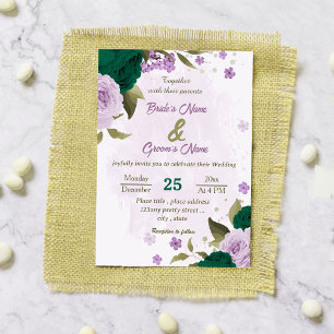 emerald green purple flowers botanical wedding invitation