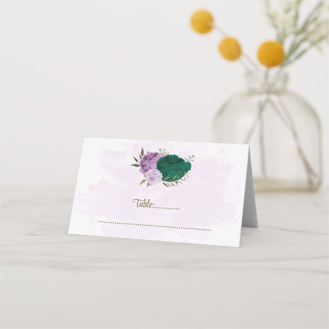 emerald green purple flowers botanical wedding place card (Front)
