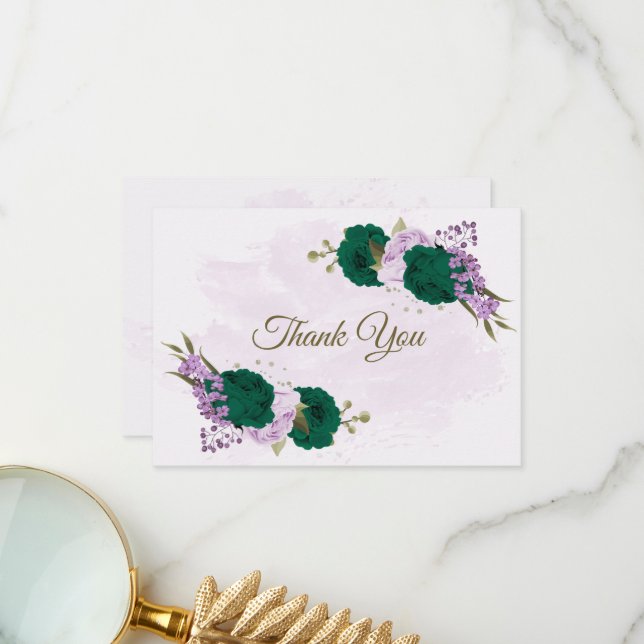 emerald green purple flowers botanical wedding thank you card (Front/Back In Situ)