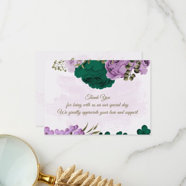 emerald green purple flowers botanical wedding thank you card (Front/Back In Situ)