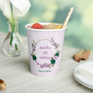 emerald green purple flowers paper cups