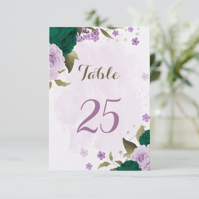emerald green purple flowers table number card (Standing Front)