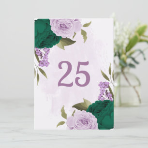 emerald green purple flowers table number card