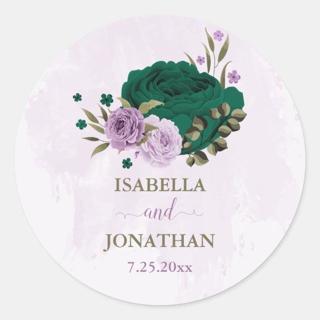 emerald green purple flowers wedding classic round sticker (Front)