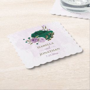 emerald green purple flowers wedding paper coaster