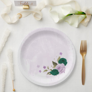 emerald green purple flowers wedding paper plate