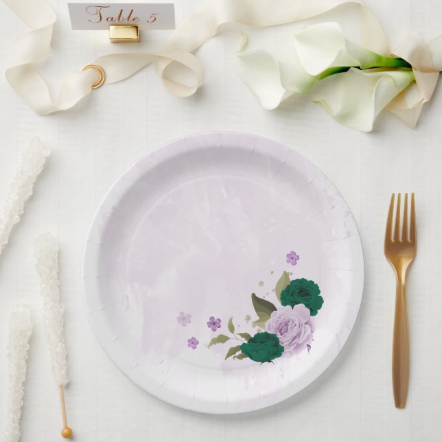 emerald green purple flowers wedding paper plate (Wedding)