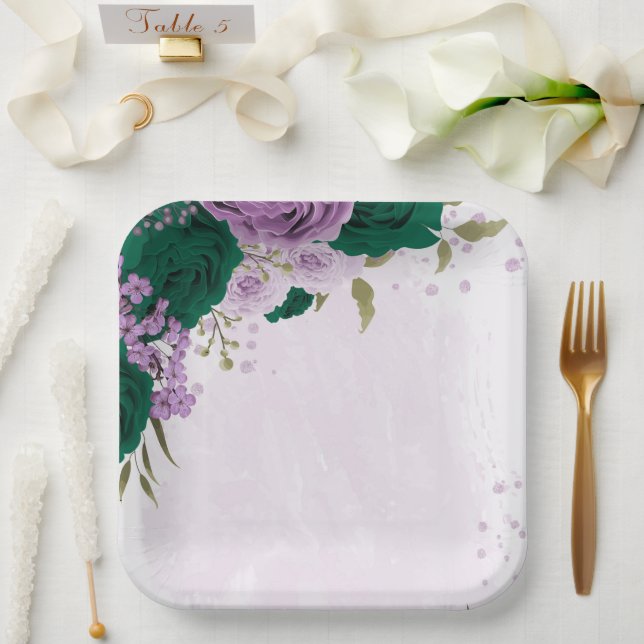 emerald green purple flowers wedding paper plate (Wedding)