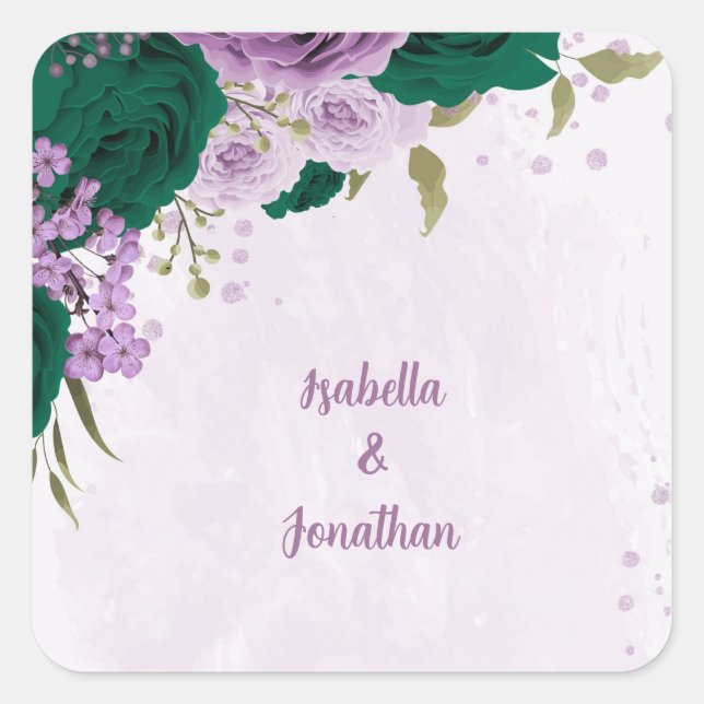 emerald green purple flowers wedding square sticker (Front)