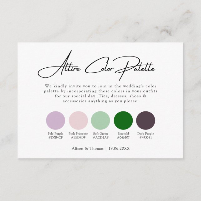 Emerald Green Purple Wedding Attire Colour Palette Enclosure Card (Front)