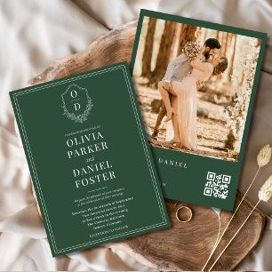 Emerald Green QR Code Elegant Crest Photo Wedding Invitation
