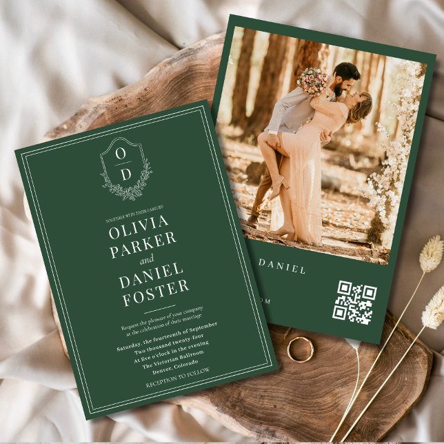 Emerald Green QR Code Elegant Crest Photo Wedding Invitation (Creator Uploaded)