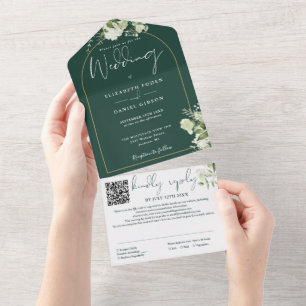 Emerald Green QR Code Gold Arch Greenery Wedding All In One Invitation