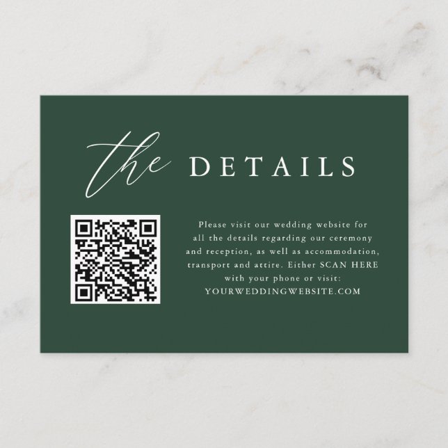 Emerald Green QR Code Wedding Details Enclosure Card (Front)