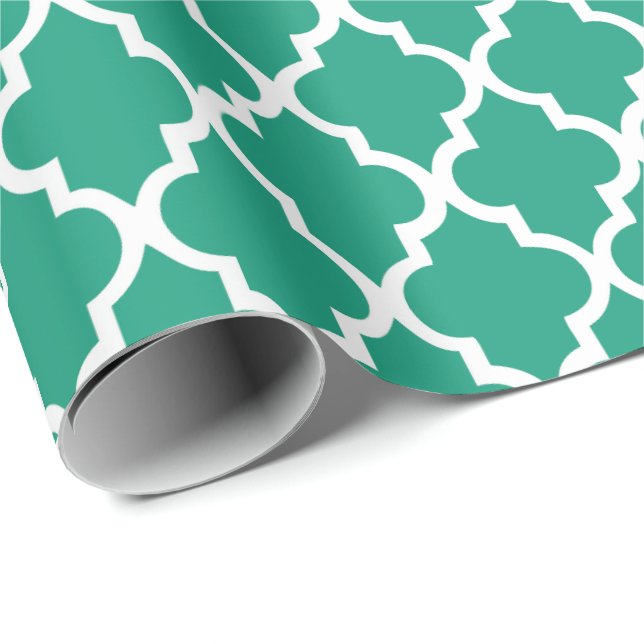 Emerald Green Quatrefoil Tiles Pattern Wrapping Paper (Roll Corner)