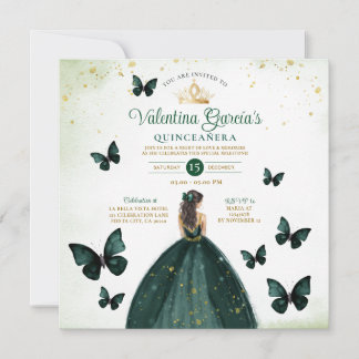 Emerald Green Quinceañera 15 Anos Flowers Gold Invitation
