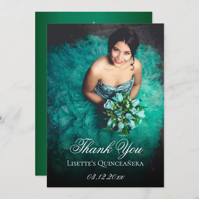 Emerald Green Quinceanera Add Photo Personalised Thank You Card (Front/Back)