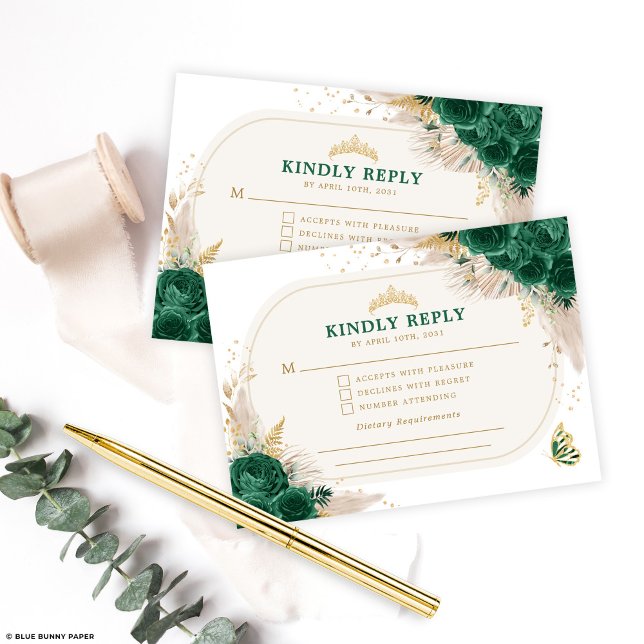 Emerald Green Quinceanera Crown Princess RSVP  Enclosure Card (Creator Uploaded)