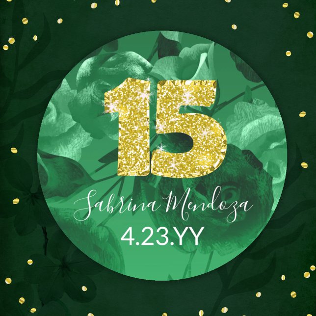 Emerald Green Quinceanera Gold #15 Classic Round Sticker (emerald green quinceanera sticker with gold, glitter number 15, mis quince anos, personalized label)