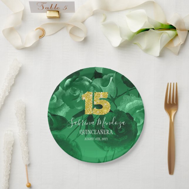 Emerald Green Quinceanera Gold #15  Paper Plates (Wedding)
