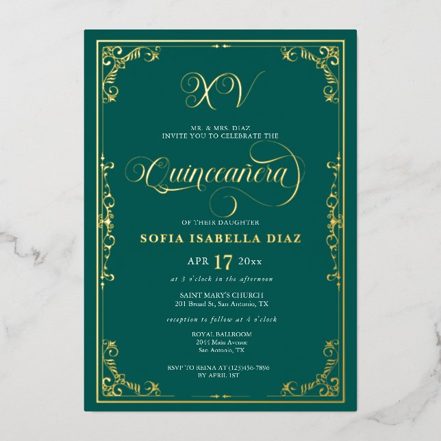 Emerald Green Quinceañera Gold Foil  (Front)