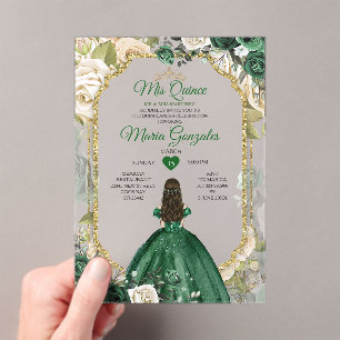 Emerald Green Quinceañera Gold Glitter Floral Acrylic Invitations