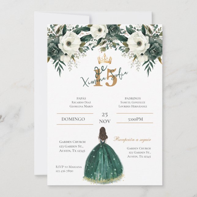 Emerald Green Quinceanera Invitation (Front)