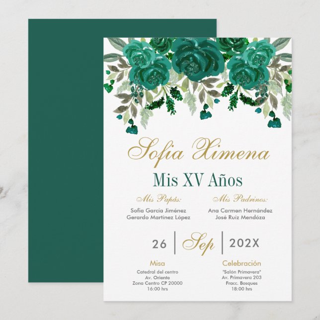 Emerald Green Quinceanera Invitation (Front/Back)