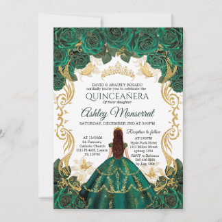 Emerald Green Quinceañera Invitation | Gold Crown 