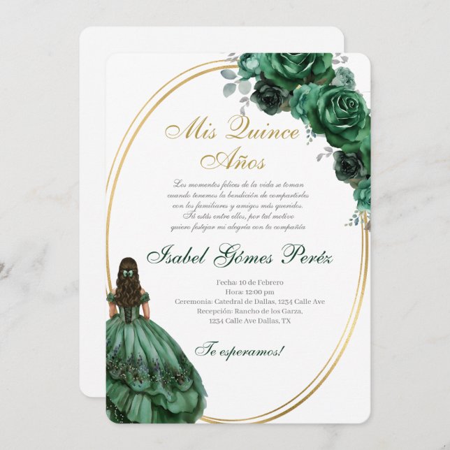 Emerald Green Quinceanera invitation in Spanish (Front/Back)