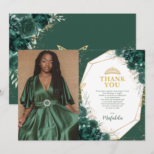 Emerald Green Quinceañera Photo Thank You Card (Front/Back)