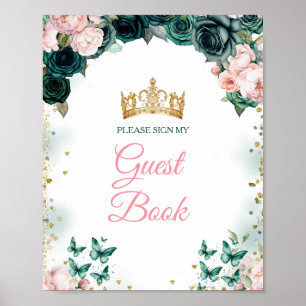 Emerald Green Quinceañera Pink Floral Guest Book