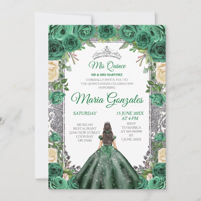 Emerald Green Quinceanera Silver Crown Glitter Invitation (Front)