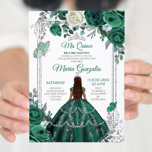 Emerald Green Quinceanera Silver Crown Glitter Invitation