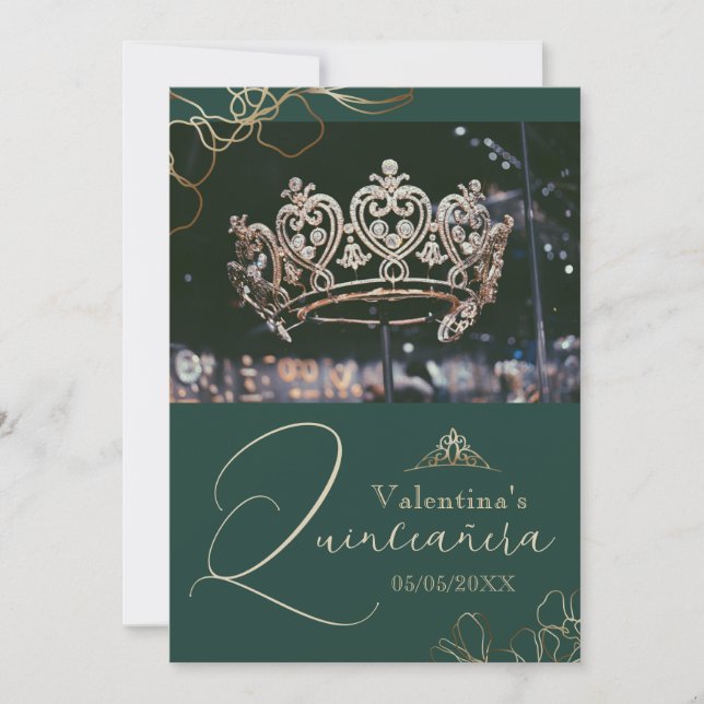 Emerald Green Quinceañera thank you card template (Front)