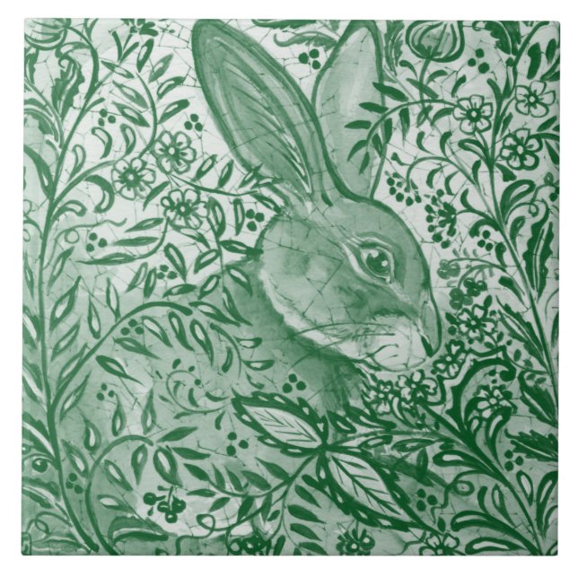Emerald Green Rabbit Bunny Intricate  Floral Leaf Tile (Front)